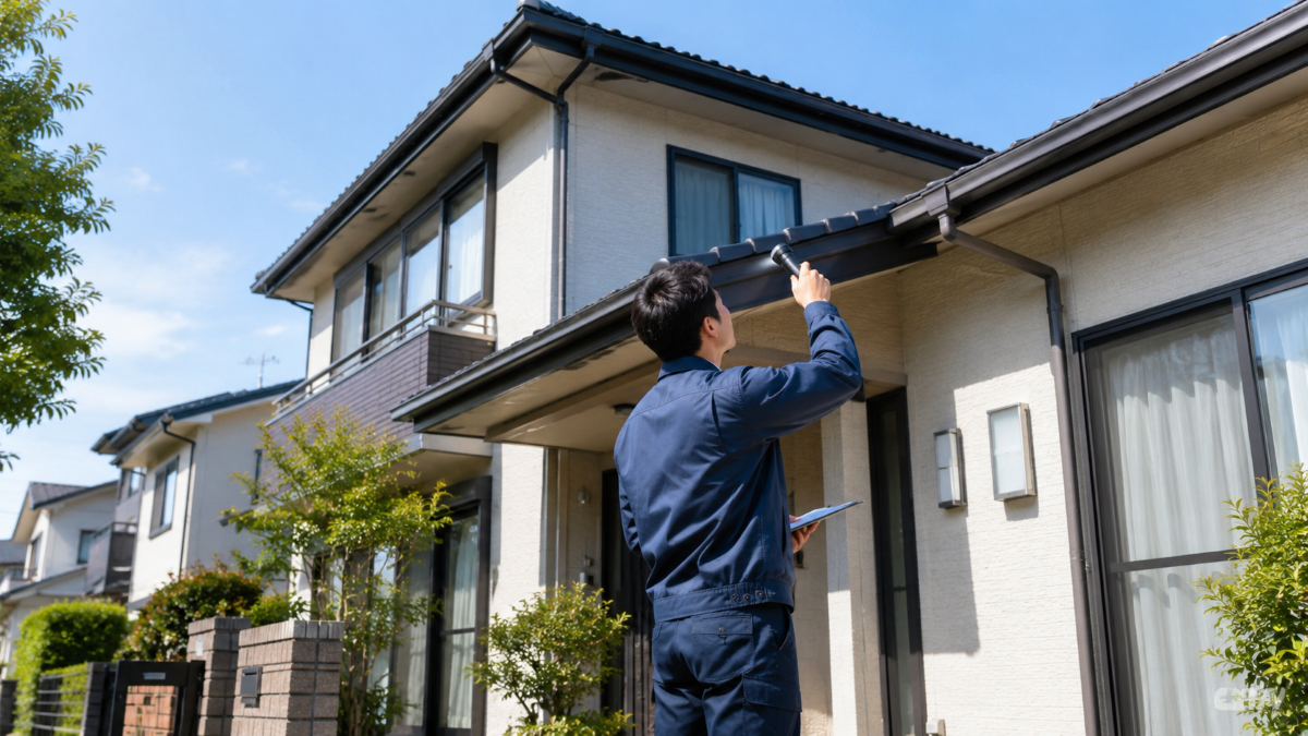 調布市の住宅で屋根裏への侵入口を調査する害獣駆除スタッフ