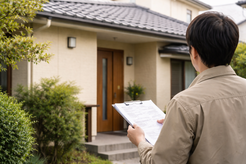 害獣駆除の現地調査や見積もり前に住宅の外まわりを確認しているイメージ