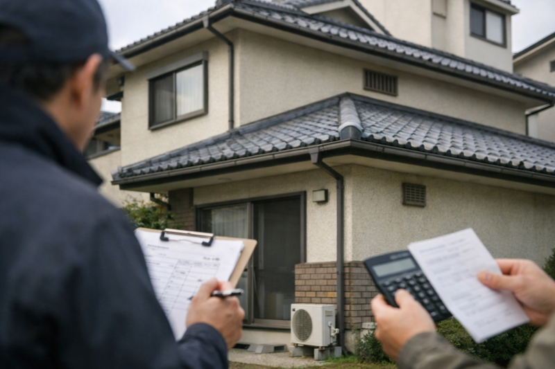 害獣駆除の費用や見積もりを確認するために住宅の外観を見ながら書類をチェックしている様子