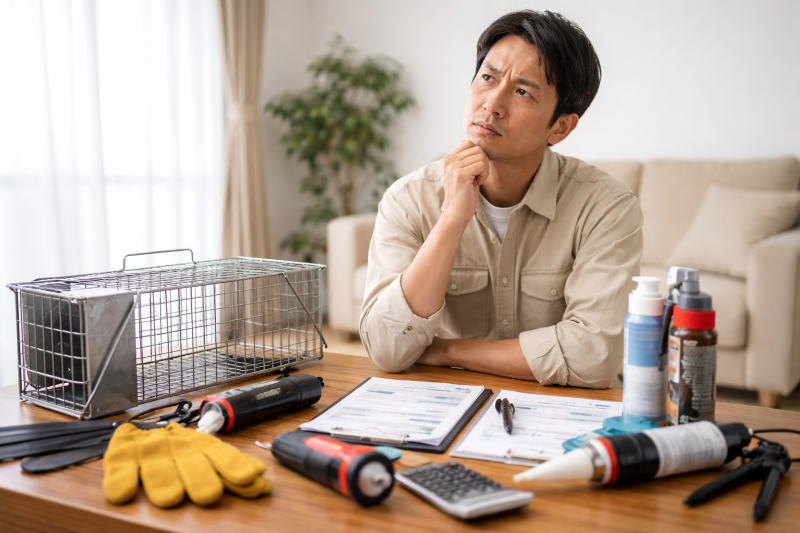 害獣駆除の保証内容や見積もりを比較しながら検討している人物のイメージ