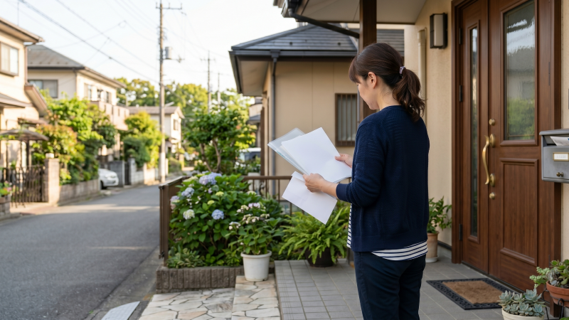 害獣駆除の見積書を玄関先で確認して契約を持ち帰るイメージ