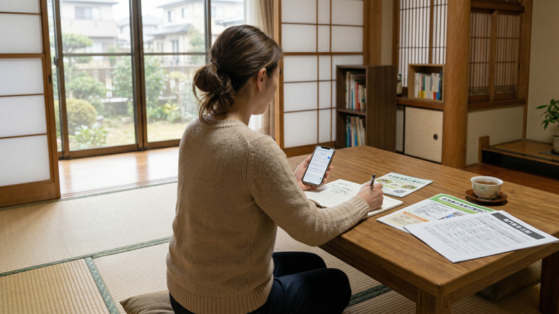 害獣被害の相談先を調べるためにスマートフォンとメモを確認している様子
