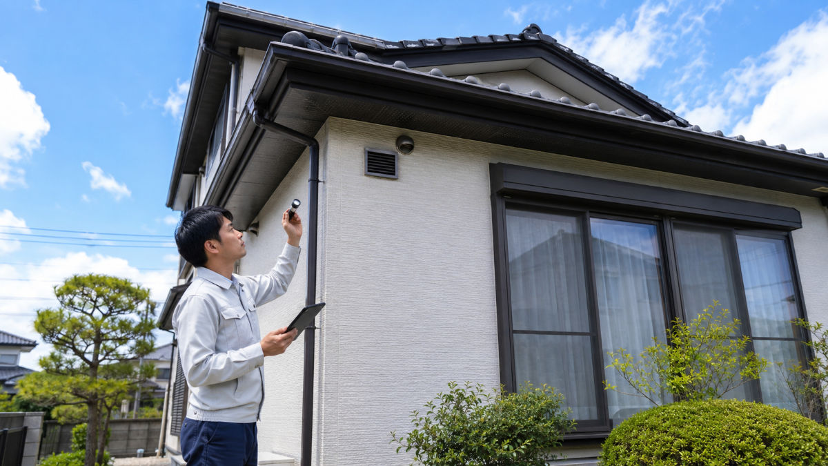 高崎市の住宅で軒下の侵入口を点検する害獣駆除スタッフ
