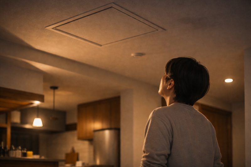 屋根裏の物音が気になり、室内で天井を見上げる人物のイメージ